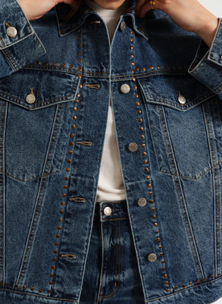 Front close-up of Daze Denim Beau Denim Jacket with studded seam details