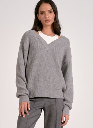 Front view of Elan Café Society Sweater in grey with layered white neckline insert.