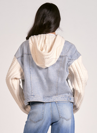 Back view of Elan Knitted Denim Hooded Jacket with denim body and cream knit hood & sleeves.