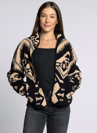 Front view of Thread & Supply Canyon Jacket in black and tan geometric fleece.
