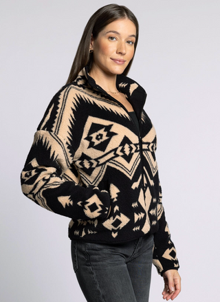 Front view of Thread & Supply Canyon Jacket in black and tan geometric fleece.
