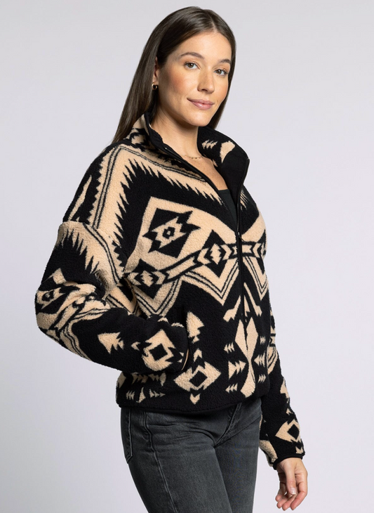 Front view of Thread & Supply Canyon Jacket in black and tan geometric fleece.