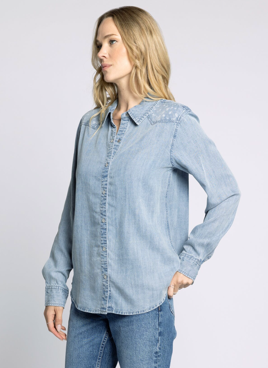 Front view of Thread & Supply Tencel Oakley Button Up Shirt in light wash denim
