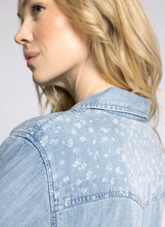 Shoulder detail of Tencel Oakley Button Up with delicate floral print