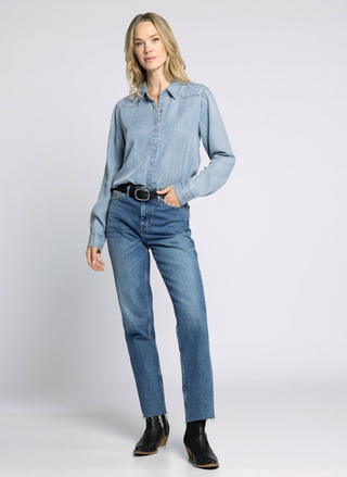 Front view of Thread & Supply Tencel Oakley Button Up Shirt in light wash denim