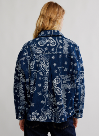 Free People Opal Swing Printed Denim Jacket back view – relaxed swing fit with paisley print