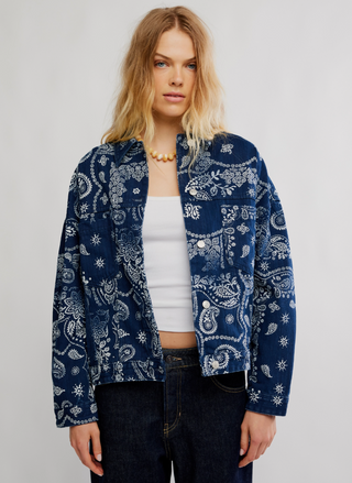 Free People Opal Swing Printed Denim Jacket front view – indigo paisley bandana print