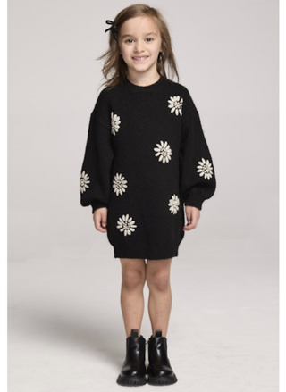 Little girl wearing Saltwater Luxe Midnight Bloom Mini Dress with ivory floral details.