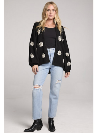 Saltwater Luxe Midnight Bloom Long Sleeve Cardigan front view with ivory floral embroidery