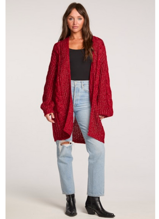 Saltwater Luxe Taylor’s Long Sleeve Cardigan in red – front view styled with jeans.