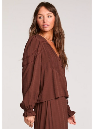 Saltwater Luxe Chocolate Long Sleeve Blouse back view with puff sleeve and flowy fit.