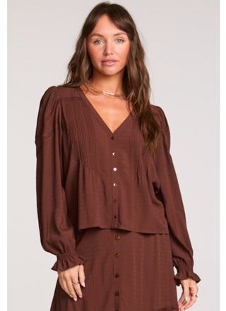 Saltwater Luxe Chocolate Long Sleeve Blouse front view with V-neckline and pintuck details.