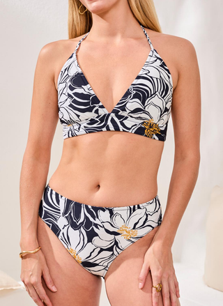 Tribal Reversible Printed Bikini front view in black and white floral print with halter top.