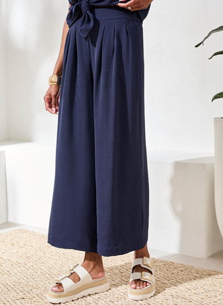 Front view of Tribal Flowy Crop Pant in navy featuring relaxed cropped silhouette and elastic back waistband