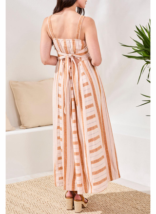 Back view of Tribal Morocco Maxi Dress with a sash tie in striped linen.