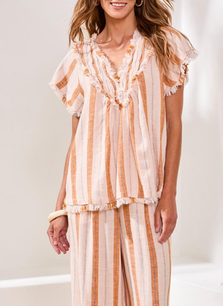 Lightweight striped linen top with textured smocking by Tribal.