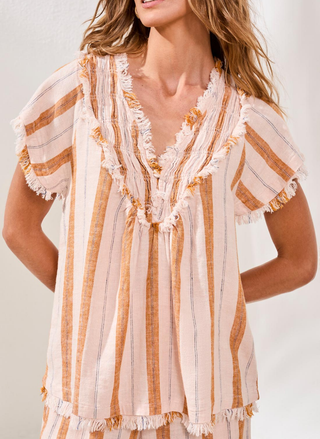 Tribal Morocco Striped Woven Tee with smocked detailing and raw edges.
