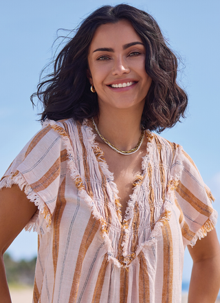 Close-up of linen blend fabric and stripe pattern on Tribal Woven Tee.