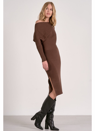 Elan Montana Sweater Dress in chocolate brown with off-shoulder neckline and tall boots