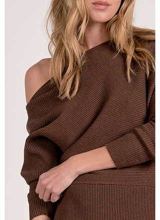 Close up of Elan Montana Sweater Dress in chocolate brown with off-shoulder neckline.