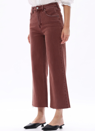 Side angle of Bayeas Coffee Break High Rise Wide Leg Jeans showing fit and finish