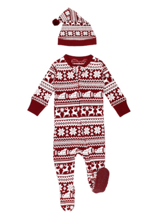 Organic cotton Fair Isle baby onesie & cap — cozy, festive, and family-photo perfect.