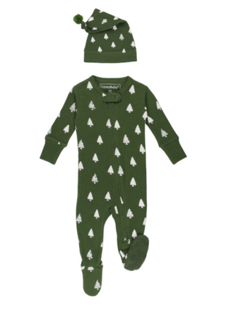 Green baby onesie with white tree pattern and matching hat on a white background