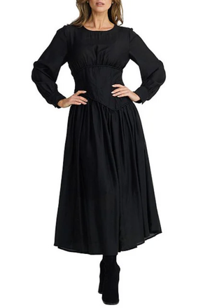 Brave & True Martina Dress in black with corset waist and long sleeves front view.