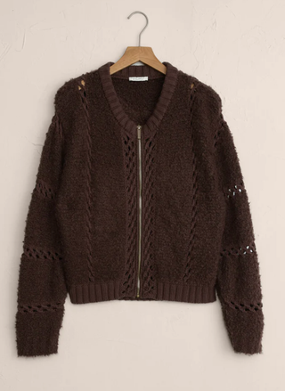 Z Supply Sundance Cardigan Jacket in dark brown with zip front and crochet detail on hanger