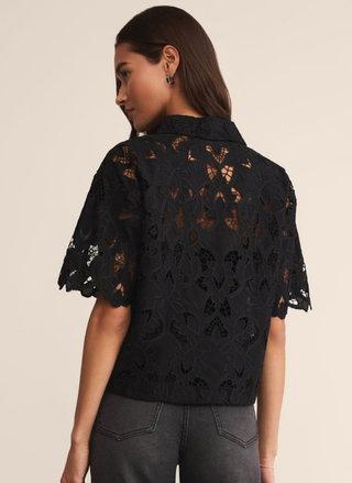 Back view of Z Supply Midnight Lace Top showing sheer floral lace detailing and relaxed fit.