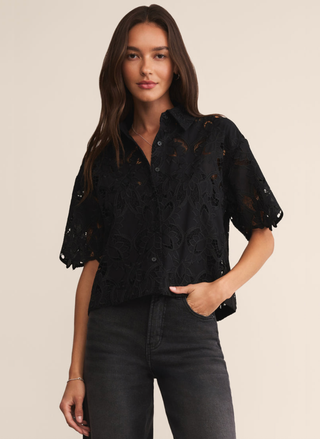 Z Supply Midnight Lace Top in black with floral embroidery and collared button front
