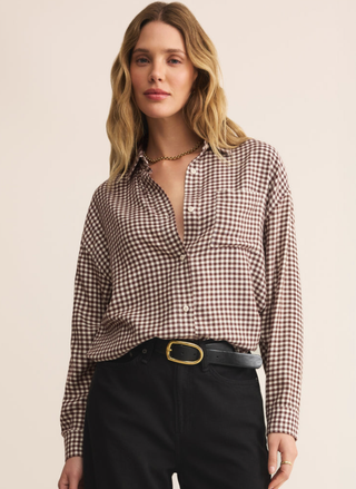 Z Supply Gingham River Plaid Brushed Flannel in brown and ivory on hanger front view.