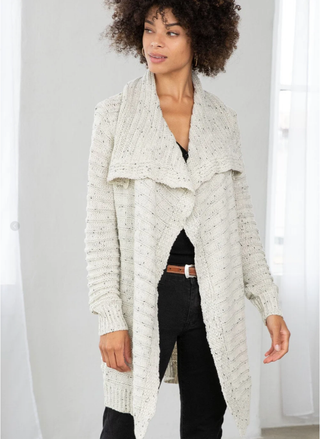 Lovestitch Oversized Lapel Knit Cardigan in Cream, featuring a soft speckled knit and draped lapel design