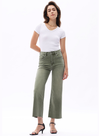 Bayeas Green Smoothie Wide Leg Crop Denim in Matcha with high rise and cropped fit.