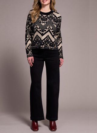 Front view of model wearing Tribal Albuquerque Sweater with black and beige geometric pattern.