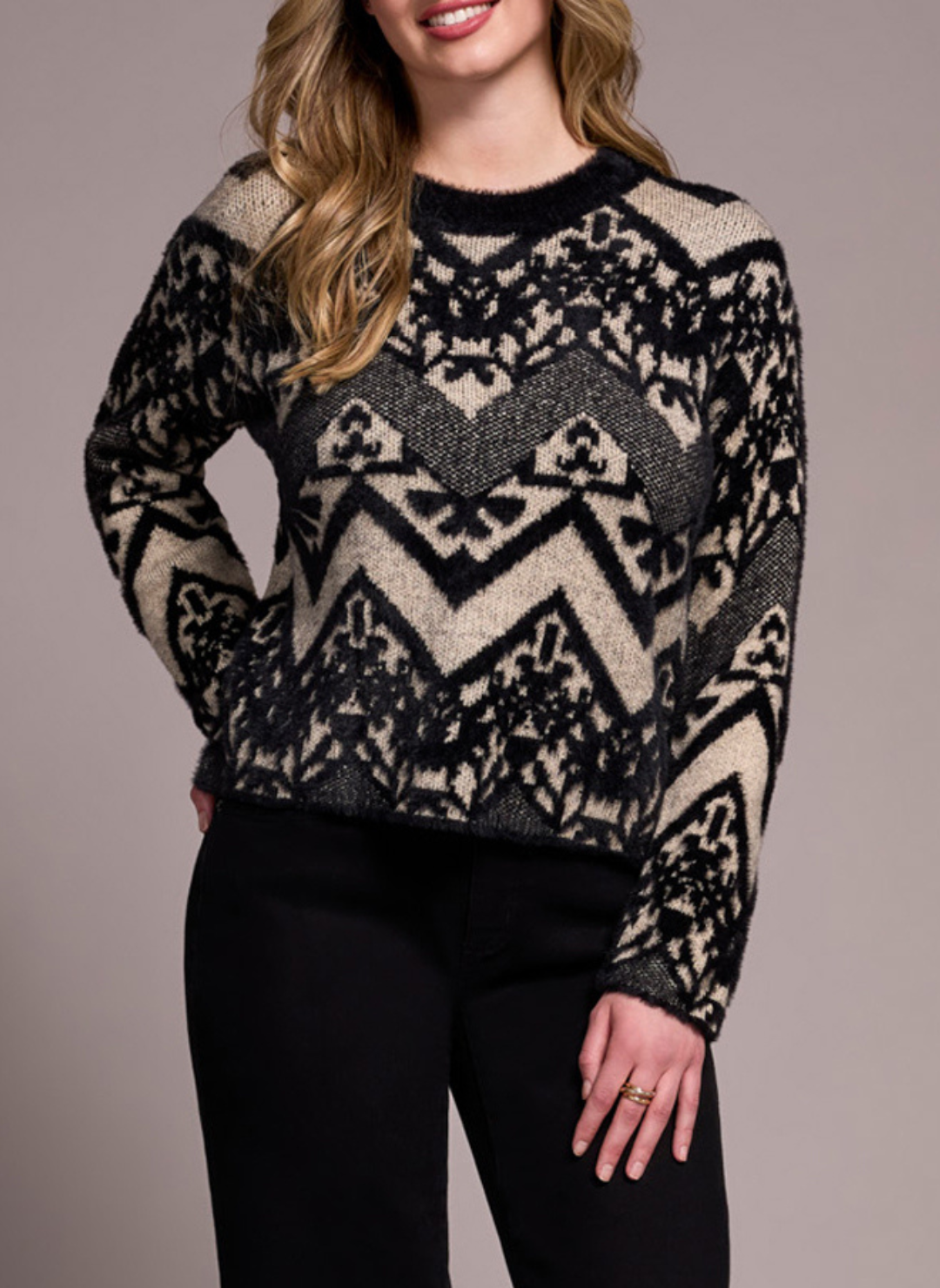 Front view of model wearing Tribal Albuquerque Sweater with black and beige geometric pattern.