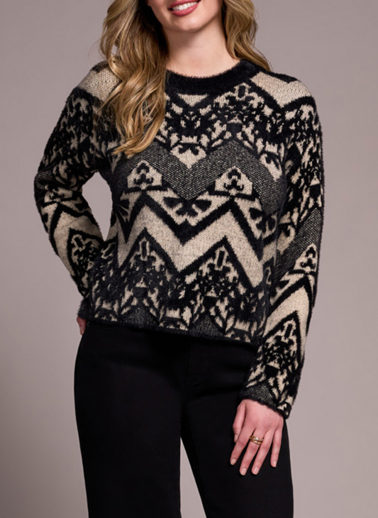 Front view of model wearing Tribal Albuquerque Sweater with black and beige geometric pattern.