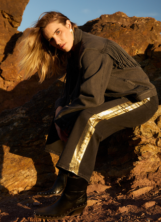 Front view of Porter Blue Black Rebel Wide Leg jeans in Noa wash featuring gold foil tuxedo stripe and high-rise fit