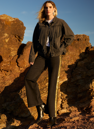 Front view of Porter Blue Black Rebel Wide Leg jeans in Noa wash featuring gold foil tuxedo stripe and high-rise fit