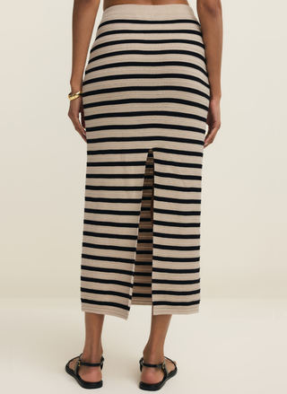 Back view of Z Supply Emori Striped Skirt showing midi length and slit detail.