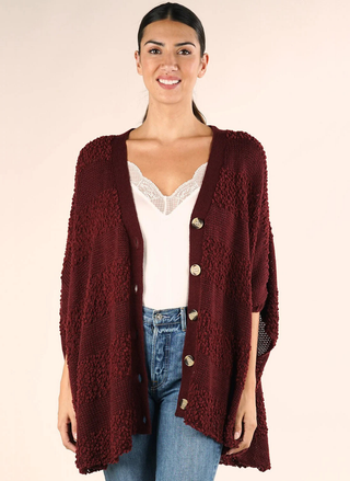 Front view of Lovestitch Wine Lovers Cardi styled over lace cami and jeans.