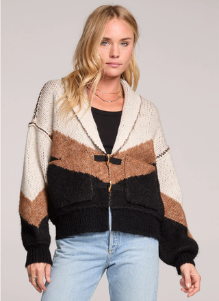 Saltwater Luxe Cain Sweater featuring color-block design with wide lapels and toggle closure.