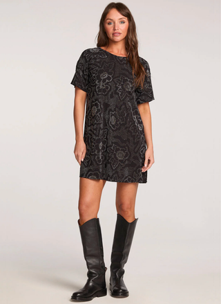 Saltwater Luxe Starlet Sparkle Shift Dress in black with metallic floral pattern and deep V-back.
