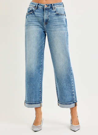 Risen Boyfriend Fit Cuffed Denim in light wash with relaxed straight leg and rolled hem.