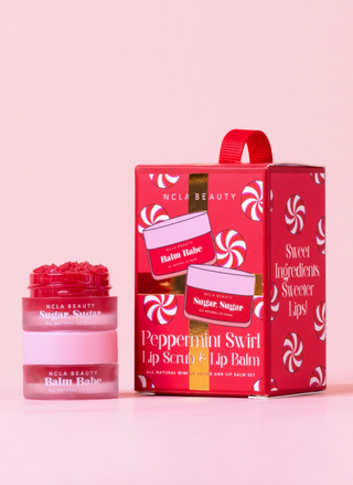 NCLA Beauty Peppermint Swirl Lip Scrub and Balm Duo gift set with holiday packaging.