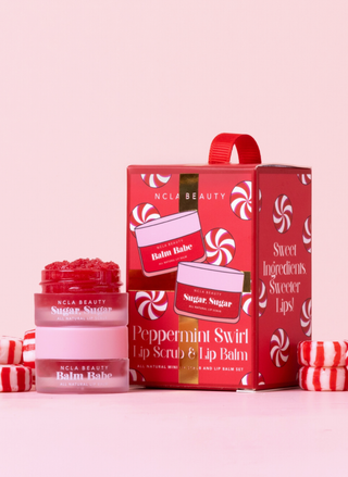 NCLA Beauty Peppermint Swirl Lip Scrub and Balm Duo gift set with holiday packaging.