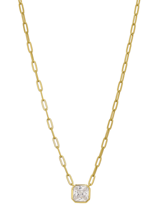Dakota Necklace — gold paperclip chain with cubic zirconia pendant.