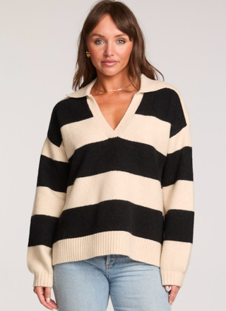 Saltwater Luxe Queen B Sweater — black and cream striped collared knit.
