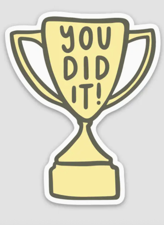 Gold trophy sticker with 'YOU DID IT!' text on a light gray background