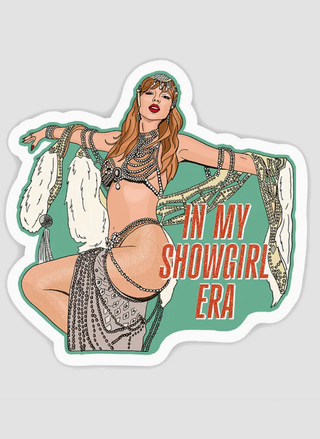 Glamorous Taylor Swift in sparkling costume with “In My Showgirl Era” quote — bold confidence and celebration sticker.
